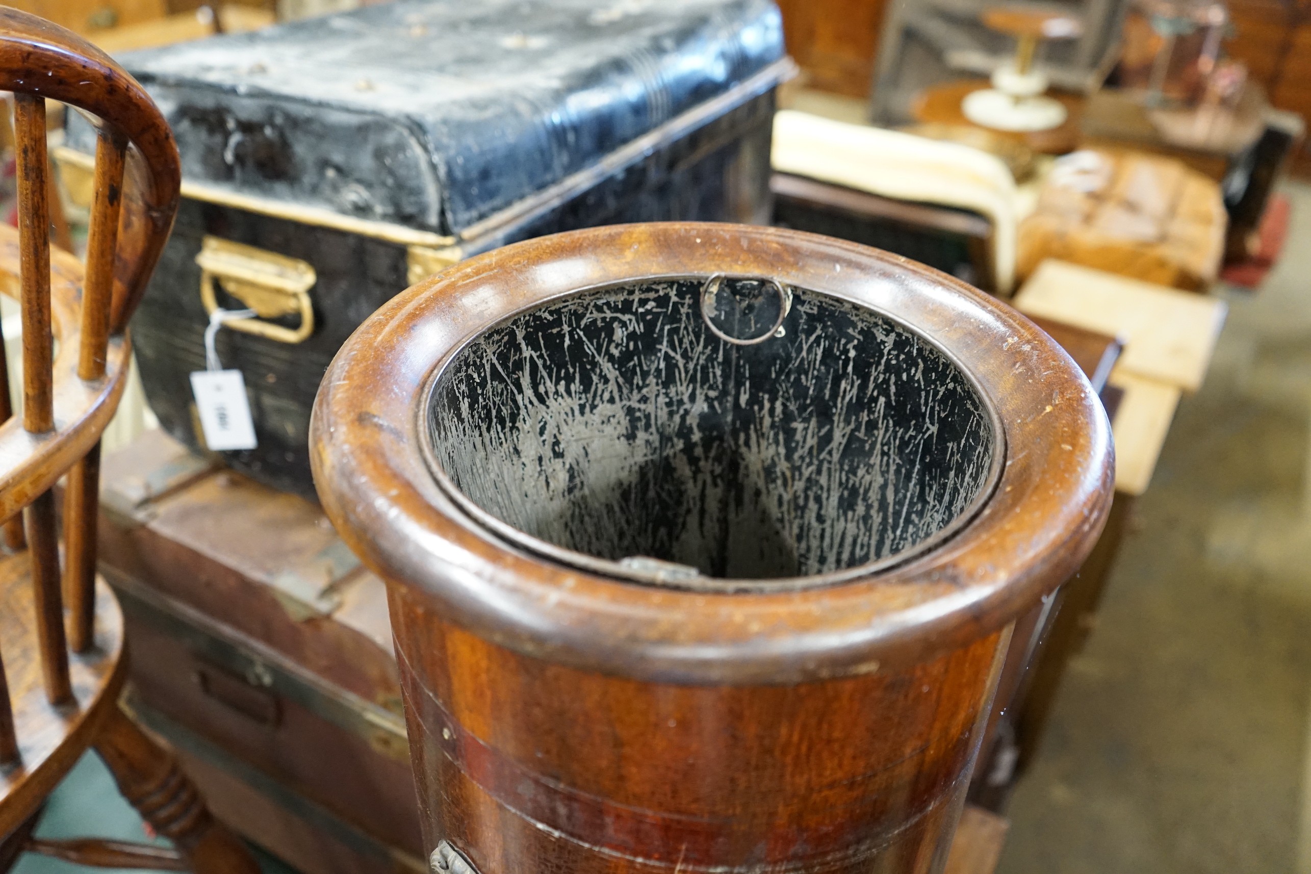 A late Victorian cylindrical mahogany stick stand with liner, diameter 29cm, height 66cm